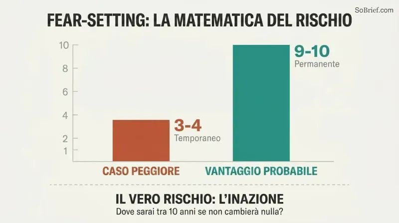 Two vertical bars on a 1-to-10 scale show worst case reaching only 3 out of 10 (temporary) while probable upside reaches 9 out of 10 (permanent), revealing inaction as the true risk.