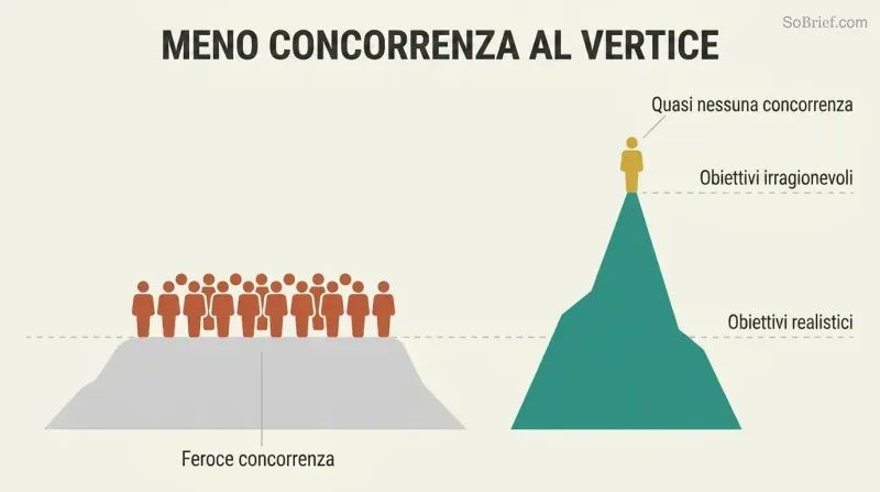 Low crowded plateau labeled as realistic goals contrasted with a tall empty peak where a single figure stands, showing less competition for ambitious targets.