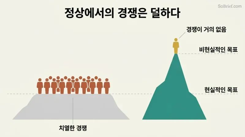 Low crowded plateau labeled as realistic goals contrasted with a tall empty peak where a single figure stands, showing less competition for ambitious targets.
