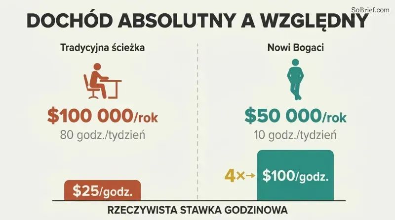 Split panel comparing two earners where the lower-salaried person with fewer work hours has four times the hourly rate and freedom.