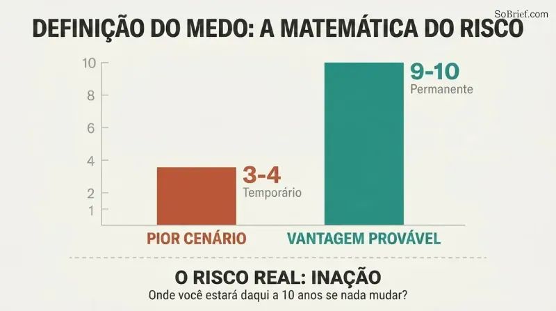 Two vertical bars on a 1-to-10 scale show worst case reaching only 3 out of 10 (temporary) while probable upside reaches 9 out of 10 (permanent), revealing inaction as the true risk.