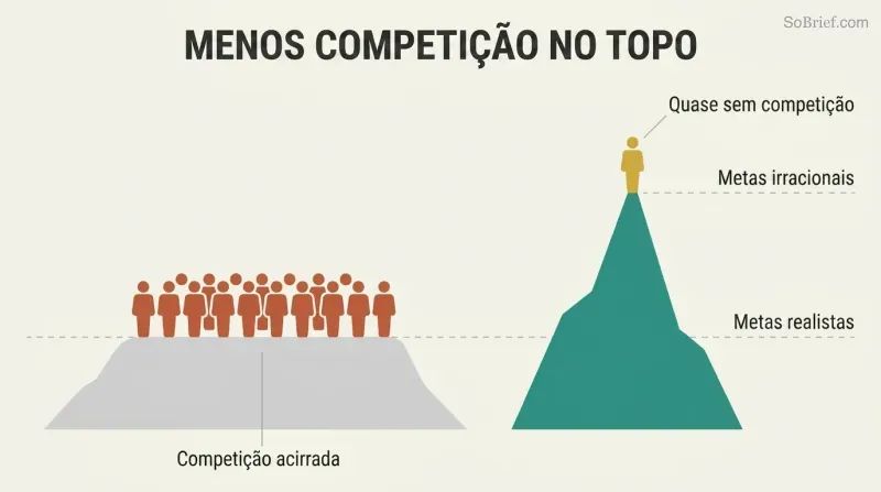 Low crowded plateau labeled as realistic goals contrasted with a tall empty peak where a single figure stands, showing less competition for ambitious targets.