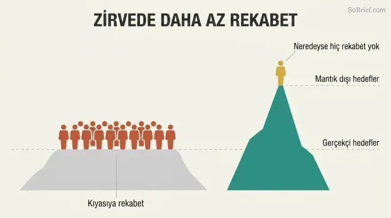 Low crowded plateau labeled as realistic goals contrasted with a tall empty peak where a single figure stands, showing less competition for ambitious targets.