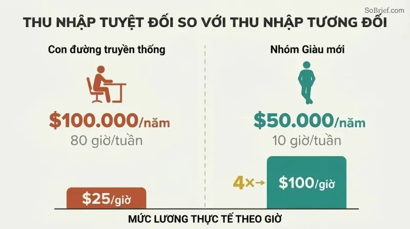 Split panel comparing two earners where the lower-salaried person with fewer work hours has four times the hourly rate and freedom.