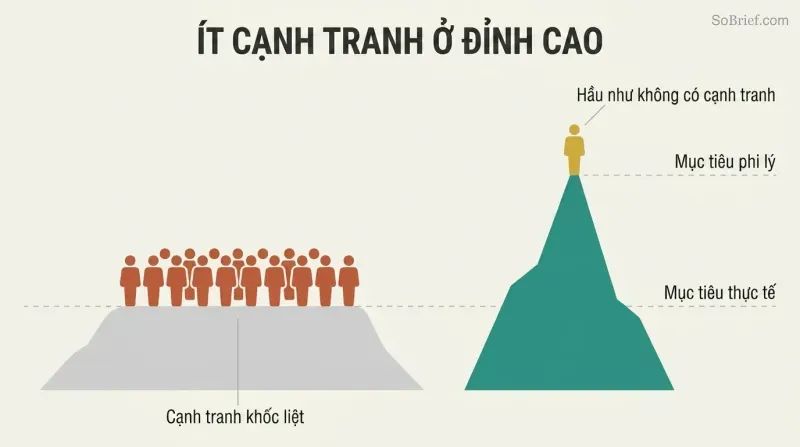 Low crowded plateau labeled as realistic goals contrasted with a tall empty peak where a single figure stands, showing less competition for ambitious targets.