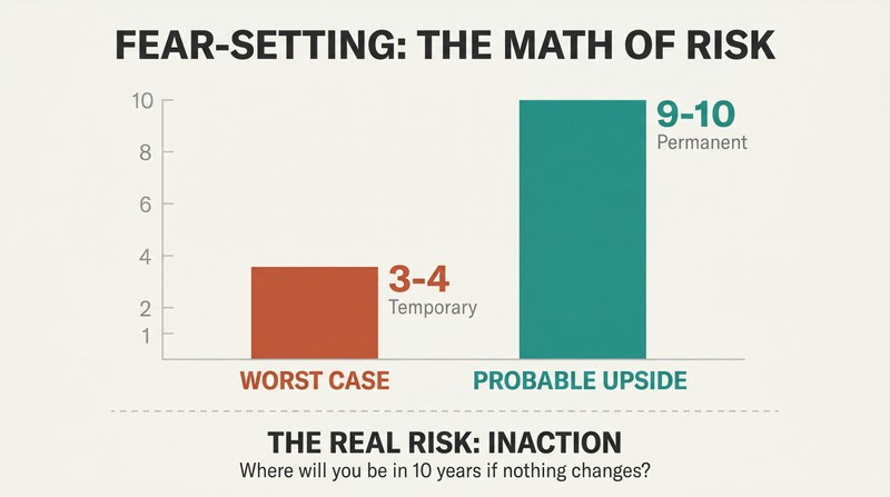 Two vertical bars on a 1-to-10 scale show worst case reaching only 3 out of 10 (temporary) while probable upside reaches 9 out of 10 (permanent), revealing inaction as the true risk.