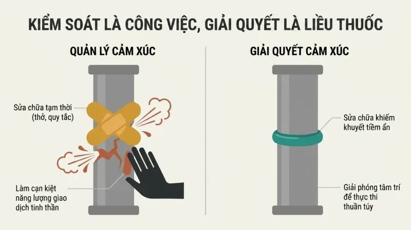 Split-panel diagram comparing a fractured pipe patched with temporary bandages to a cleanly welded, leak-free pipe to illustrate emotional management versus permanent resolution.