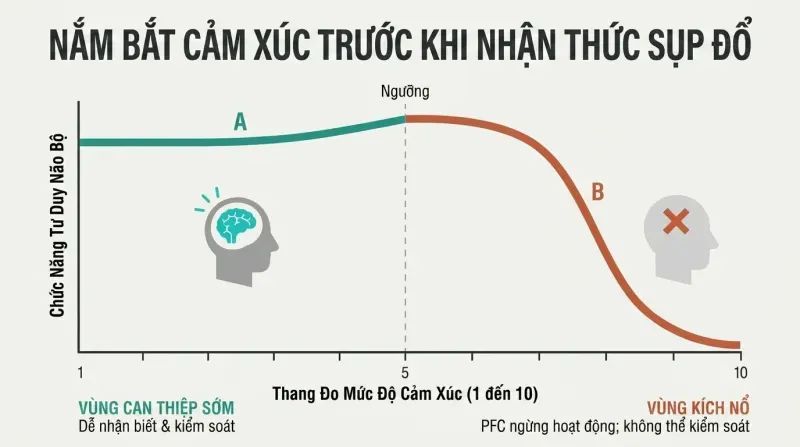 Line graph showing how thinking brain function plummets down a cliff as emotional severity increases from 1 to 10.