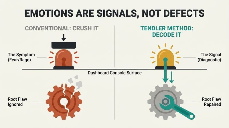 Split panel showing how suppressing trading emotions ignores root flaws, while decoding them as signals diagnostic of deeper system errors leads to actual repair.