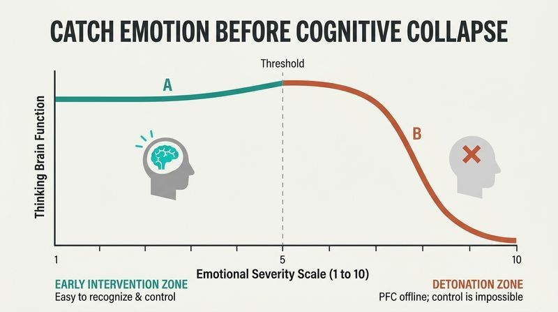 Line graph showing how thinking brain function plummets down a cliff as emotional severity increases from 1 to 10.