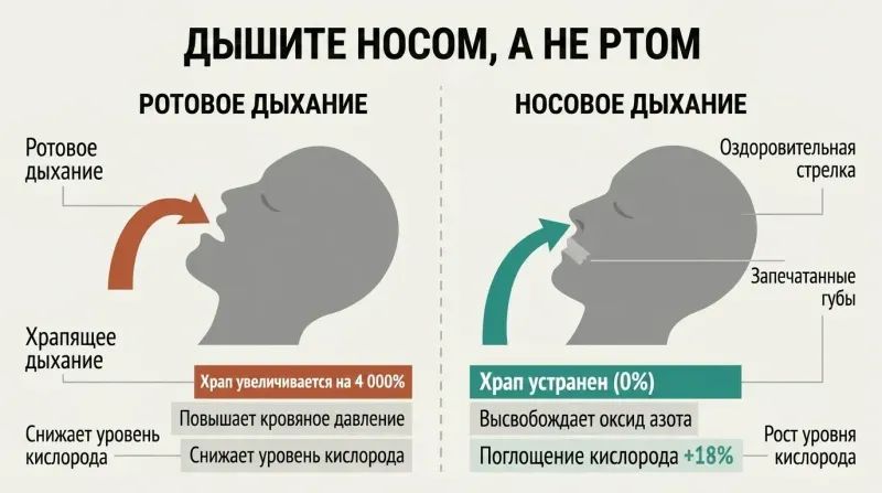 Split panel diagram comparing the negative health outcomes of mouth breathing at night with the positive effects of taped-lips nasal breathing.