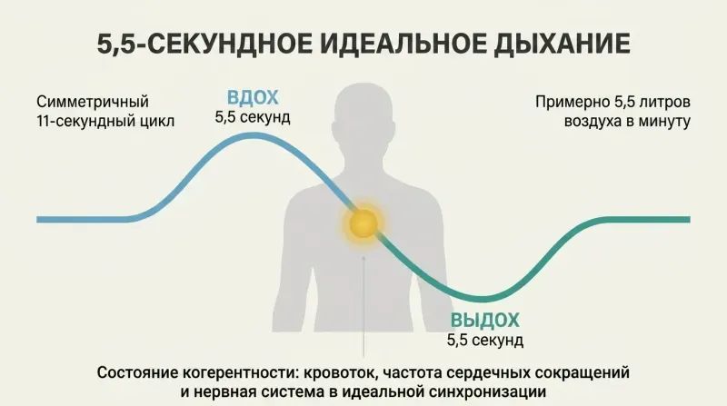 Symmetric wave diagram showing the cycle of a 5.5-second inhalation and a 5.5-second exhalation wrapping around a central torso to create physiological coherence.