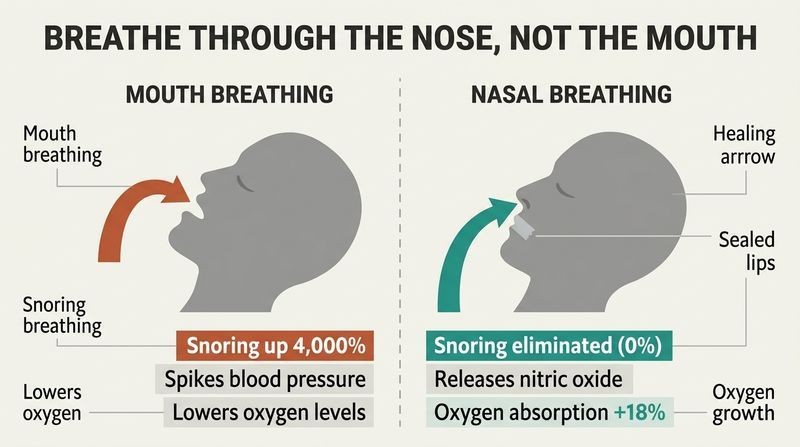 Split panel diagram comparing the negative health outcomes of mouth breathing at night with the positive effects of taped-lips nasal breathing.