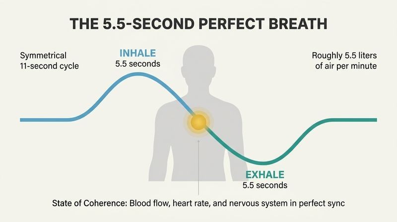 Symmetric wave diagram showing the cycle of a 5.5-second inhalation and a 5.5-second exhalation wrapping around a central torso to create physiological coherence.