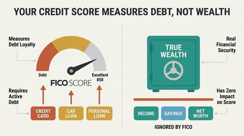 A side-by-side comparison showing how a FICO score is powered entirely by debt inputs like credit cards and loans, while true wealth markers like income and savings are completely ignored.
