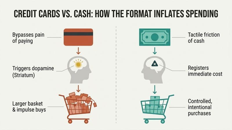 Split panel comparison showing how credit cards bypass the brain's pain center to cause impulsive shopping, while cash provides natural friction.