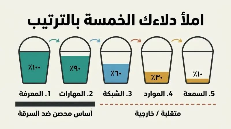 Horizontal sequence of five buckets labeled Knowledge, Skills, Network, Resources, and Reputation, showing left-to-right sequential filling where the first two are marked as theft-proof and the last three as volatile.