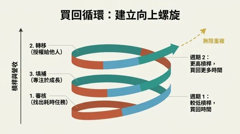 Upward spiral ribbon chart showing the three-step cycle of Audit, Transfer, and Fill repeating as it climbs to higher levels of leverage and revenue.
