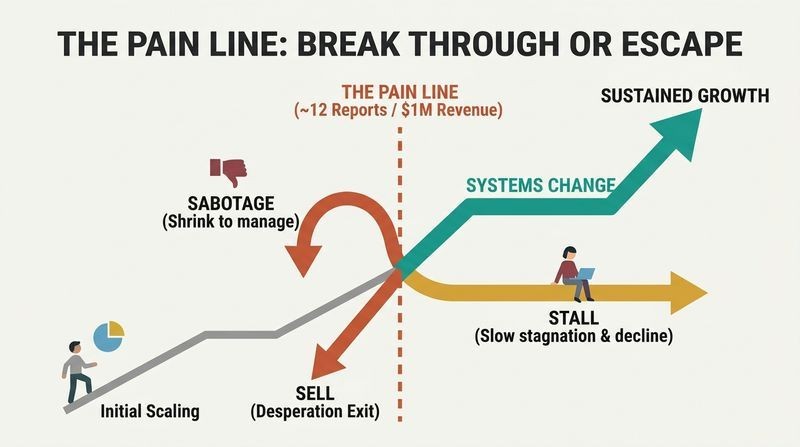 A growth chart showing a trajectory hitting a vertical dashed barrier labeled the Pain Line, where it forks into three downward escape paths—Sell, Sabotage, and Stall—and one upward breakthrough path labeled Systems Change.