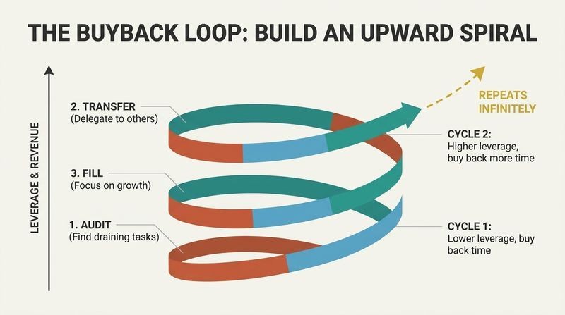 Upward spiral ribbon chart showing the three-step cycle of Audit, Transfer, and Fill repeating as it climbs to higher levels of leverage and revenue.