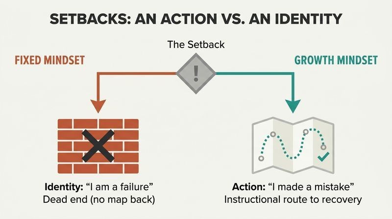Fork diagram showing how a setback branches into a dead-end wall of personal identity under a fixed mindset, or a navigable map of actions under a growth mindset.