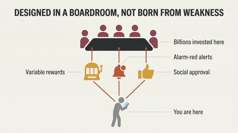 Puppet-style diagram showing a boardroom silhouette at top pulling strings through three addictive design features down to a person compulsively checking a phone below.