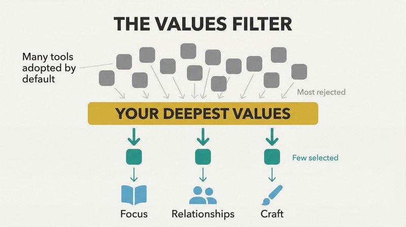 Funnel diagram showing many gray app icons filtered through a values bar, with only a few teal tools passing through to support meaningful life outcomes.