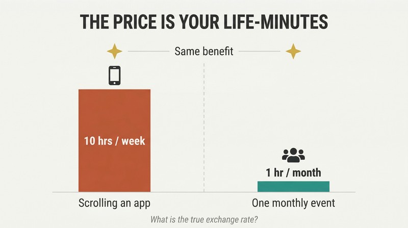 Split comparison showing a tall terracotta bar representing ten hours per week on an app next to a short teal bar representing one hour per month for the same benefit.