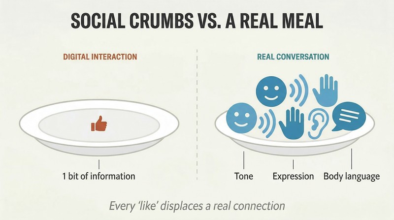 Split panel comparing a nearly empty plate holding a single tiny thumbs-up icon against a full plate overflowing with icons for tone, expression, and body language.
