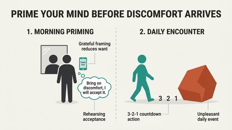 Split panel diagram showing a person priming their mind with gratitude and acceptance in the morning, then walking calmly into a real-world obstacle.