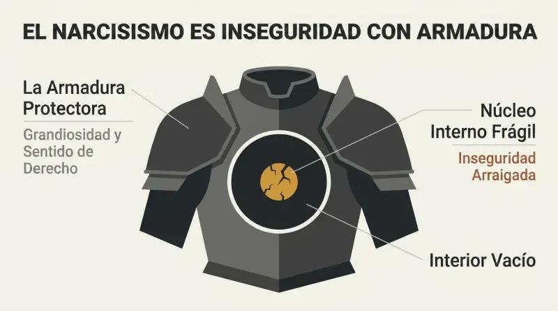 A cross-section diagram of an imposing minimalist suit of armor revealing a tiny, fragile, cracked gold sphere at its center, illustrating that narcissistic grandiosity is merely defensive shielding over deep insecurity.
