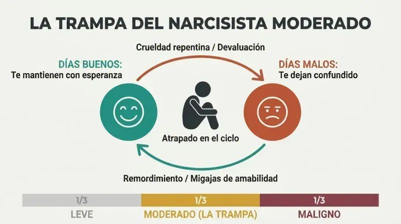 A diagram illustrating how the moderate narcissist's cycle of good and bad days creates an endless loop of hope and confusion that traps the victim.