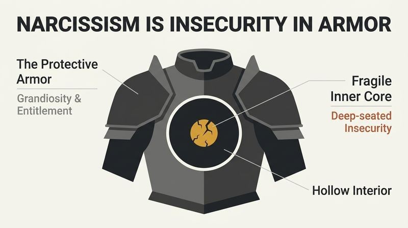 A cross-section diagram of an imposing minimalist suit of armor revealing a tiny, fragile, cracked gold sphere at its center, illustrating that narcissistic grandiosity is merely defensive shielding over deep insecurity.