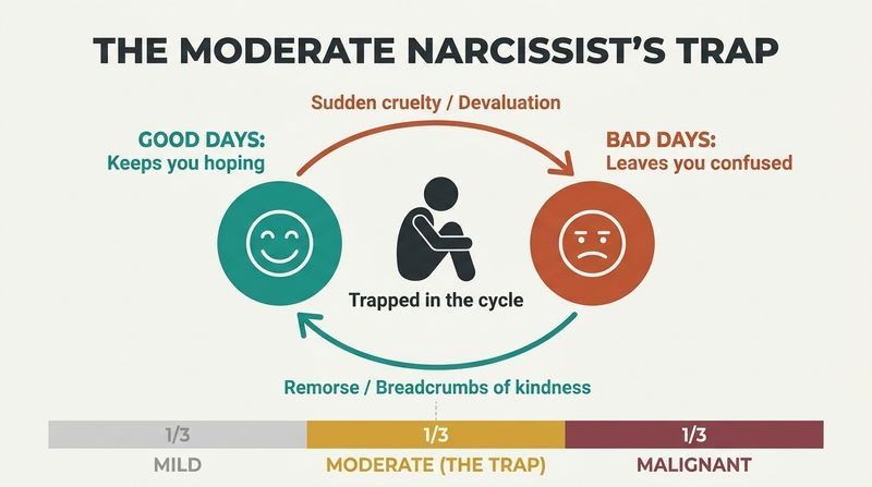 A diagram illustrating how the moderate narcissist's cycle of good and bad days creates an endless loop of hope and confusion that traps the victim.
