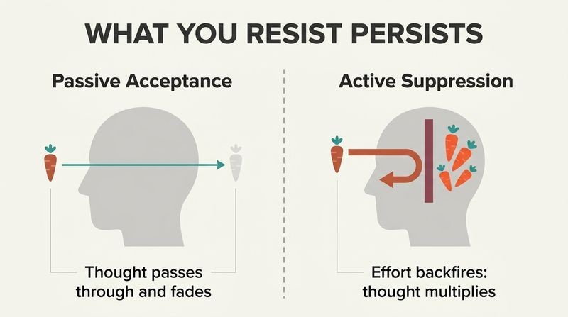 A split-panel diagram contrasting how an intrusive carrot thought fades away under passive acceptance but multiplies and traps itself when actively resisted.