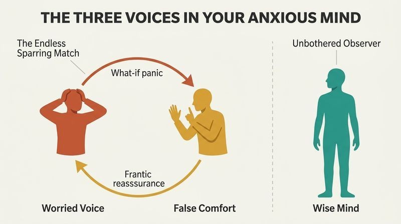 A diagram showing the "Worried Voice" and "False Comfort" trapped in an endless argument loop of what-ifs and reassurance, while the "Wise Mind" stands calmly outside the loop as an unbothered observer.