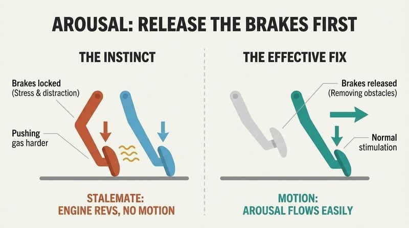 Split-panel diagram showing that the key to sexual connection is releasing the brake pedal rather than simply pushing the accelerator harder.