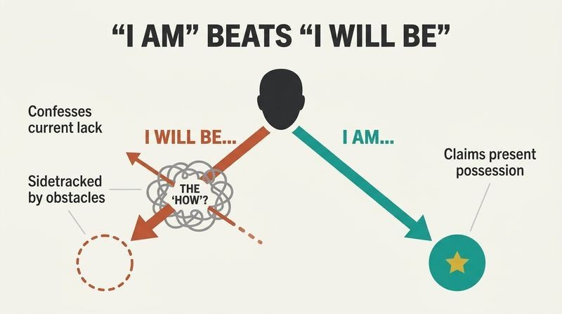Fork diagram showing how the future-focused "I will be" mindset gets trapped by obstacles and reinforces lack, while the present-focused "I am" mindset bypasses the "how" to achieve the wish fulfilled.