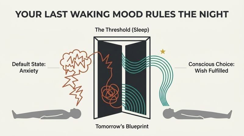 Split diagram showing two sleeping figures whose pre-sleep thoughts stream into an open gateway, showing how anxiety imprints chaos while the feeling of the wish fulfilled imprints success.