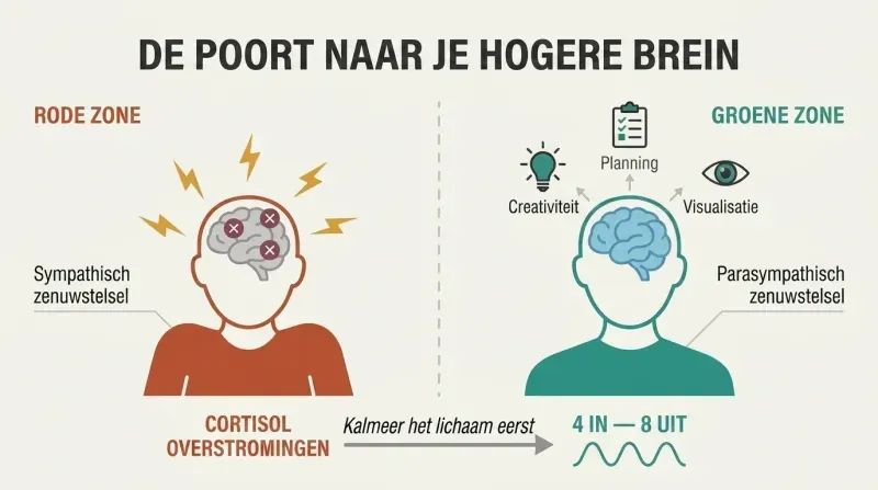 Split panel comparing a stressed state where cortisol blocks higher brain functions against a calm state where relaxed breathing unlocks planning, creativity, and visualization.