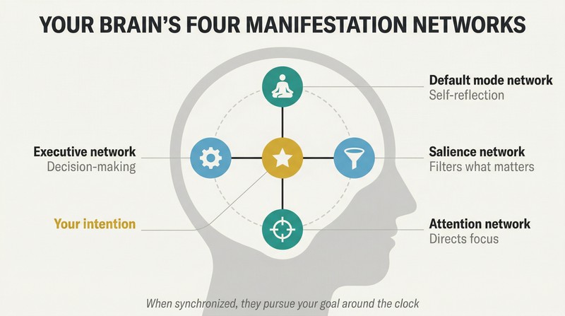 Hub-and-spoke diagram inside a brain silhouette showing four neural networks — self-reflection, filtering, focus, and decision-making — all connected to a central intention node.