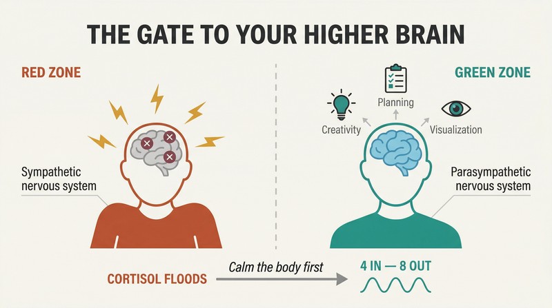 Split panel comparing a stressed state where cortisol blocks higher brain functions against a calm state where relaxed breathing unlocks planning, creativity, and visualization.