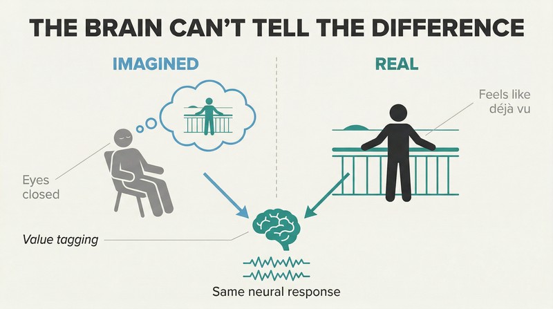 Split panel showing an imagined scene and the identical real scene both producing the same neural activation pattern in a shared brain below.