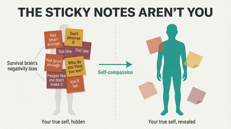 Split panel showing a human silhouette buried under negative sticky notes on the left, and the same silhouette with notes peeling away to reveal a clear figure on the right.