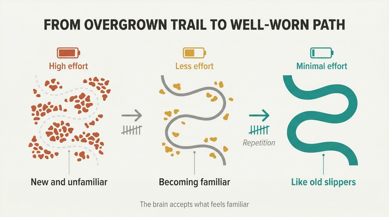 Three-stage progression showing a faint overgrown trail becoming a clear well-worn path through repeated use, with decreasing energy cost at each stage.