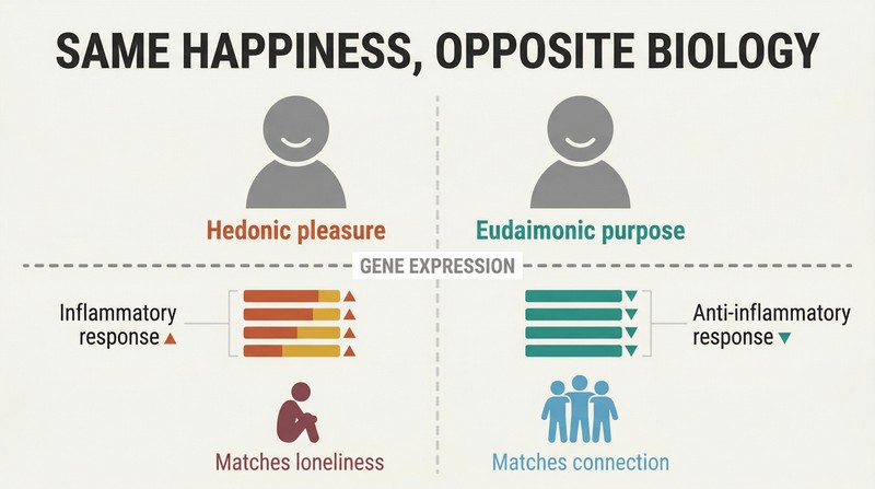 Split panel showing two smiling figures above a gene-expression divider line, with inflammatory loneliness patterns beneath hedonic pleasure and anti-inflammatory connection patterns beneath purposeful living.