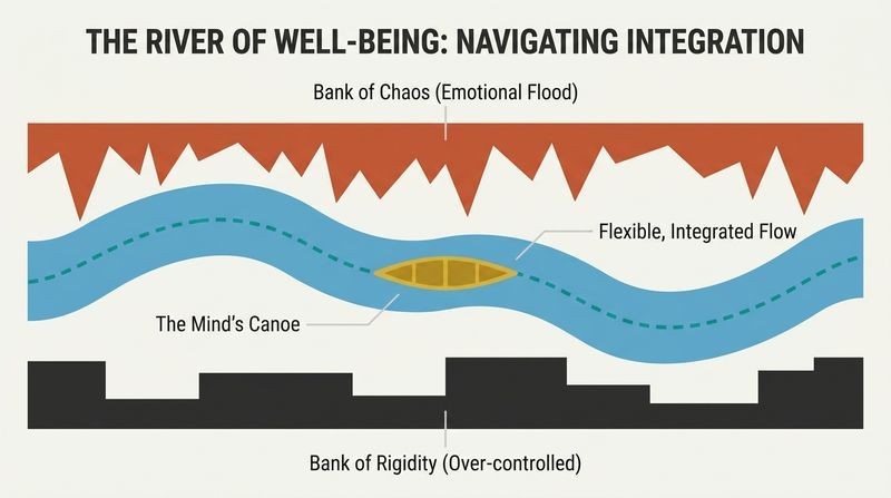 A horizontal river map depicting a gold canoe floating safely in a blue river of well-being, flanked by a jagged terracotta bank of chaos above and a blocky charcoal bank of rigidity below.