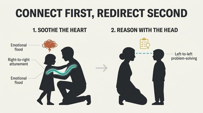 Two-panel diagram showing the steps of comforting a flooded child: Step 1 shows emotional connection first, and Step 2 shows logical reasoning second.