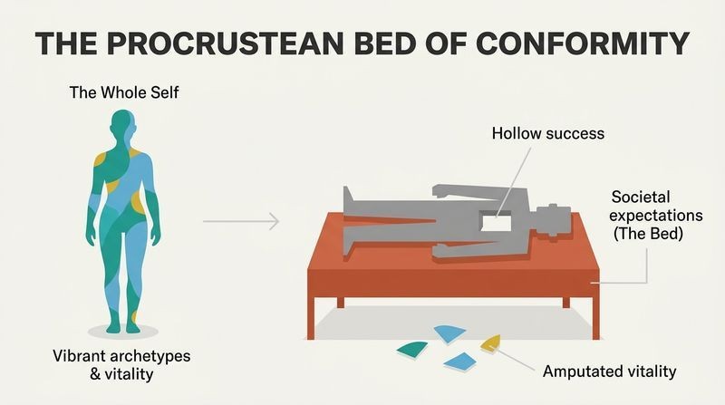 A transformation diagram showing a vibrant, whole human silhouette on the left transitioning into a rigid, hollow gray figure on a narrow red bed on the right, with its colorful, expressive parts amputated and lying discarded below.
