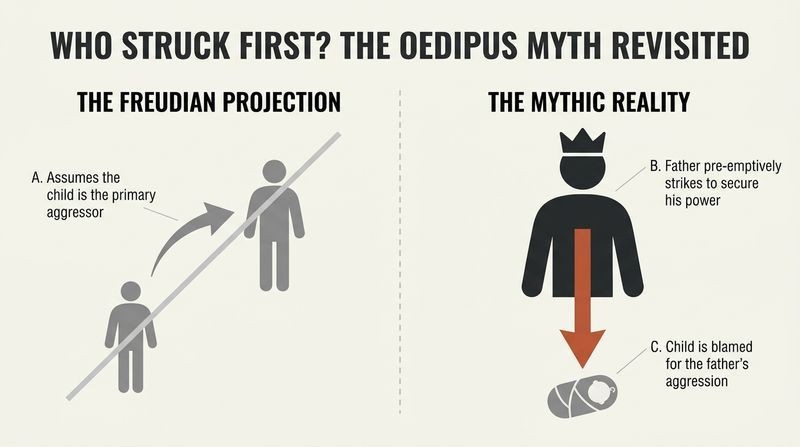 A split-panel diagram contrasting the Freudian view of child-on-father aggression with the mythic reality of father-initiated suppression.